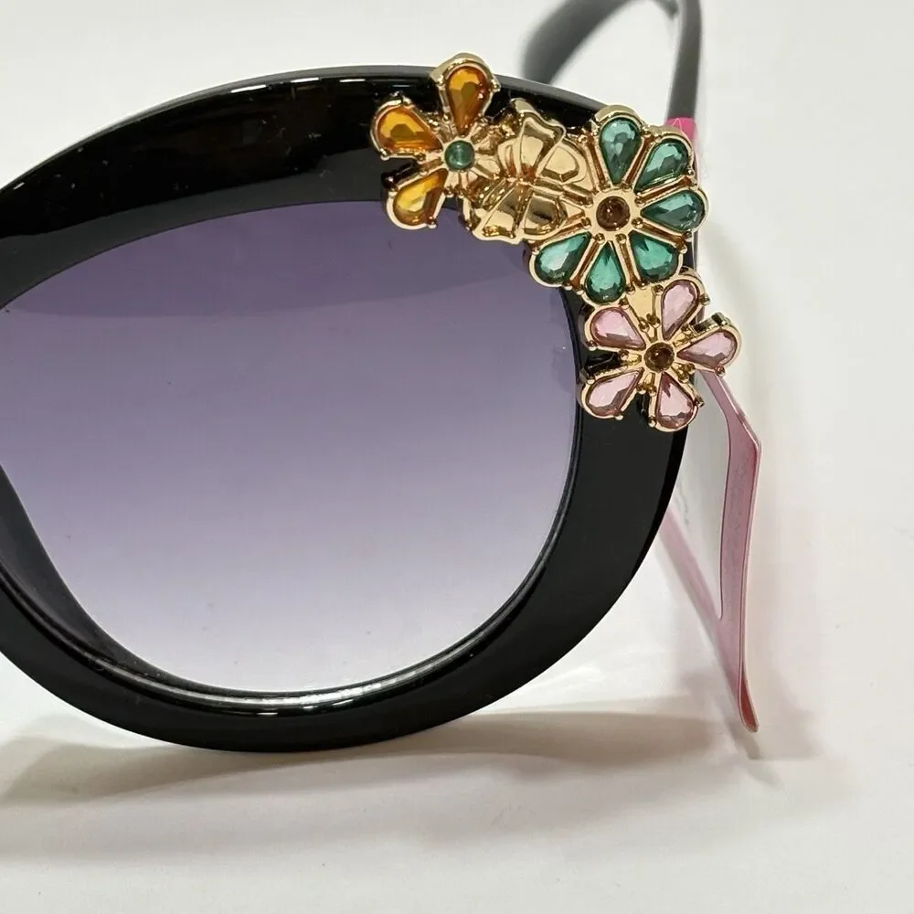 Betsey Johnson Black Floral Jewel Sunglasses Oversized Round UV 400 NWT Acetate
